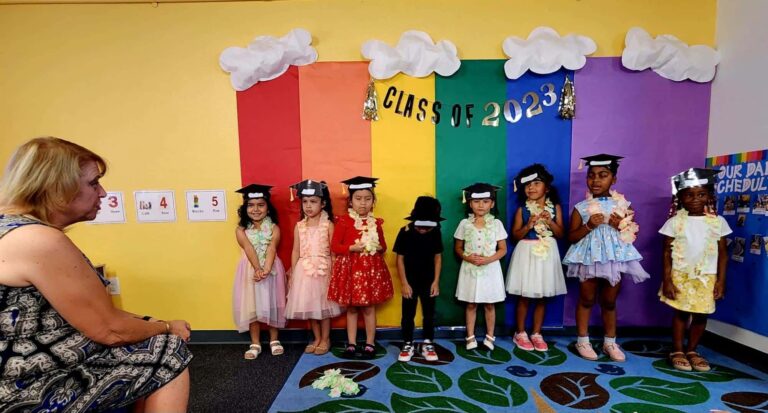 A teacher with her "class of 2023" lined up for a picture.