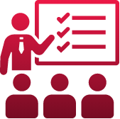 Career development icon showcasing opportunities in Early Head Start jobs, featuring a presenter pointing to a checklist on a board with an audience of three figures.