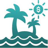 Paid time off (PTO) icon showcasing benefits of Early Head Start jobs, featuring a tropical island with palm trees, waves, and a sun with a dollar sign.
