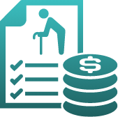Retirement benefits icon emphasizing perks of Early Head Start jobs, featuring a document with a checklist and a person with a cane alongside stacked coins with a dollar sign.